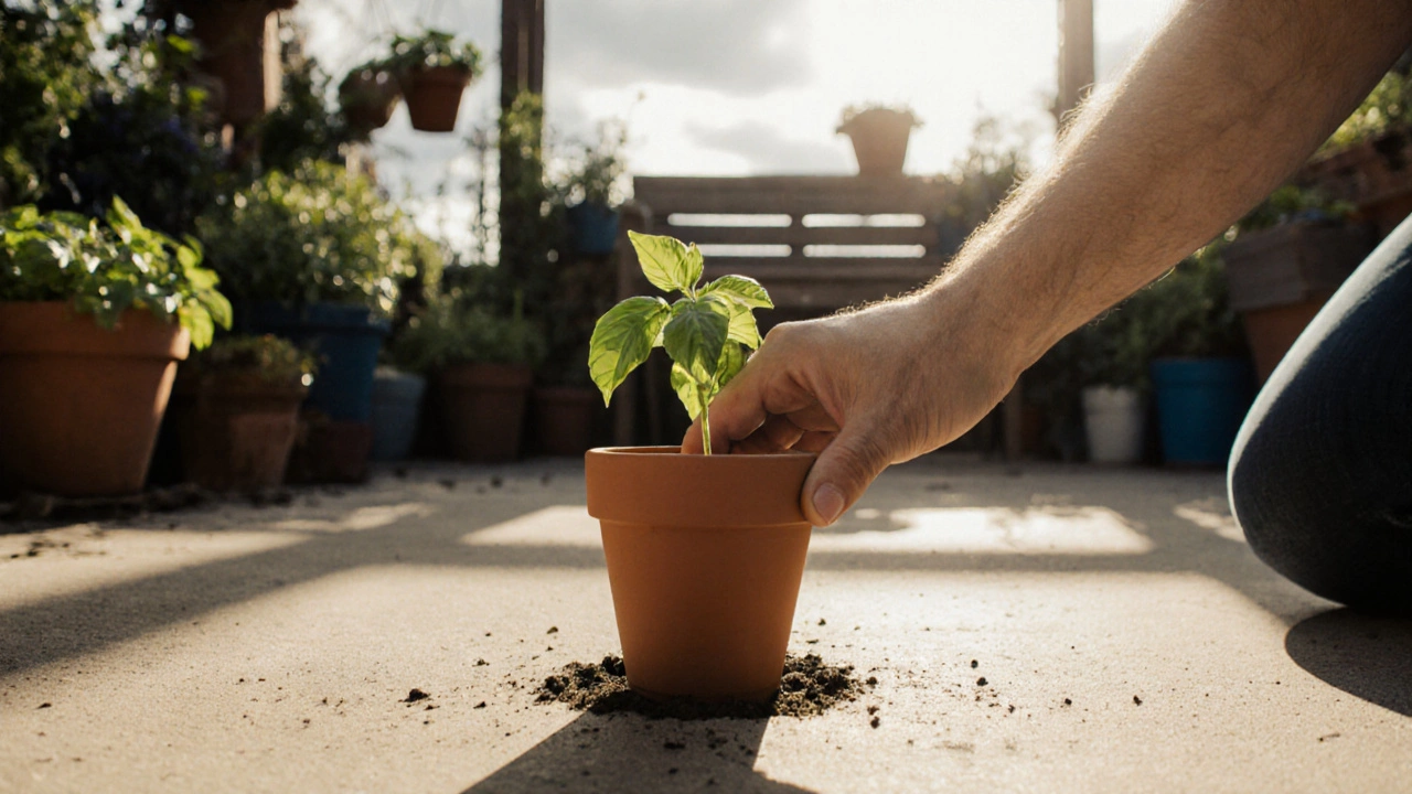 A hand planting basil in a pot on a small patio, surrounded by containers and soft morning light.