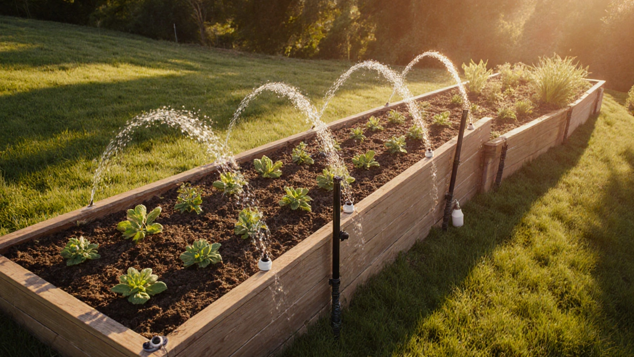 Aerial view of a sloped raised bed showing uniform water from emitters and uneven flow from drippers.
