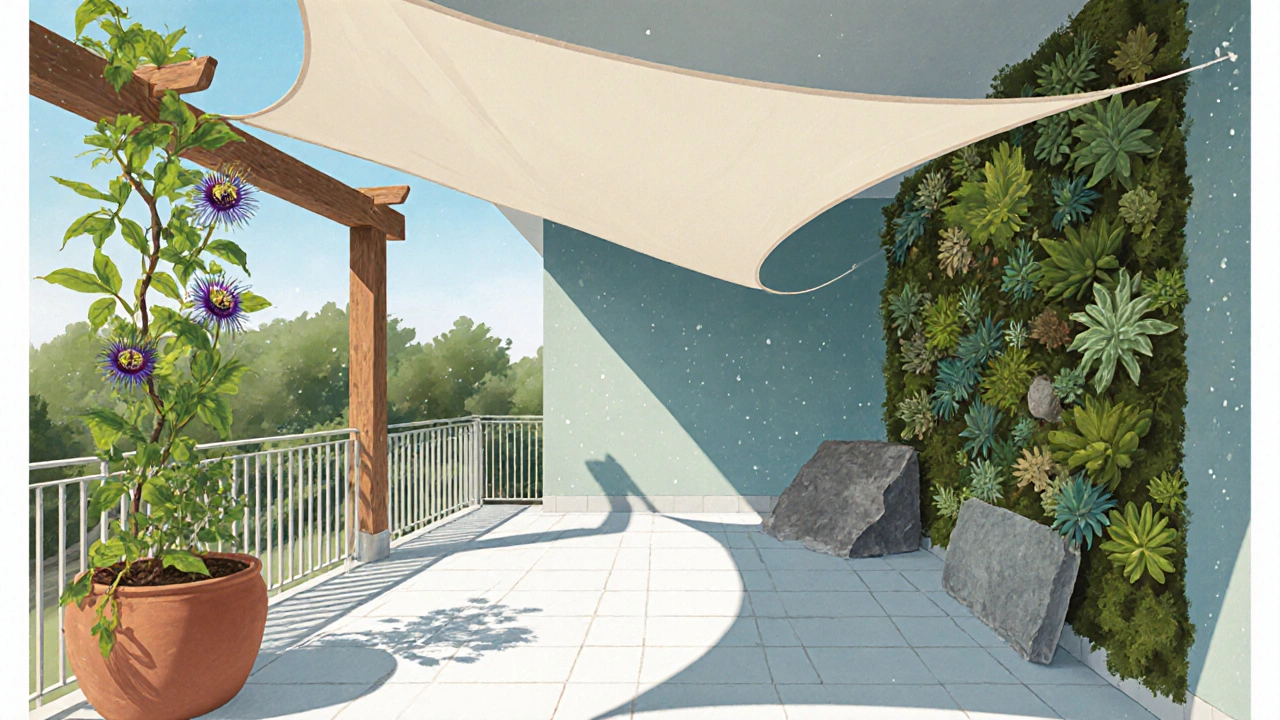 Balcony equipped with a pastel shade sail, pergola with vines, reflective paint, terracotta pot, and a green wall.