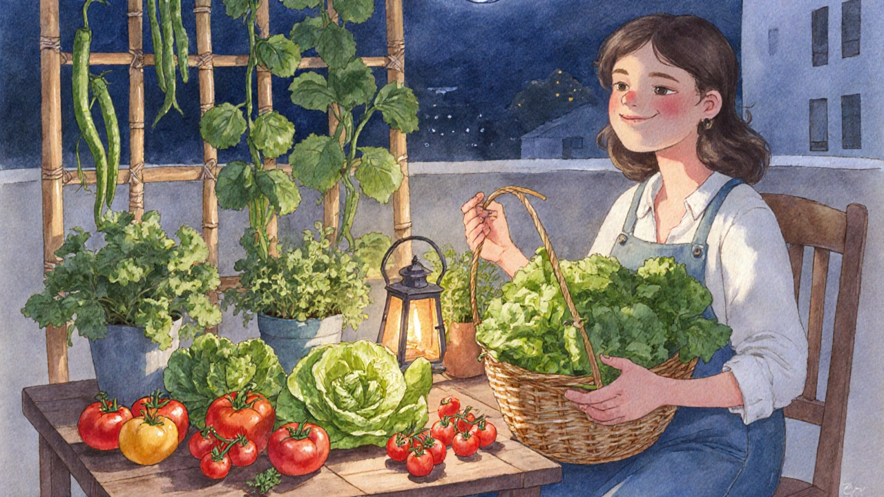 Balcony table with harvested lettuce, tomatoes, peppers, and herbs at dusk.