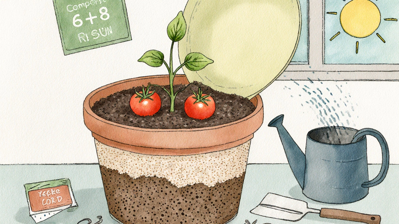 Close‑up of a container pot with gravel layer, potting mix and a tomato seedling.