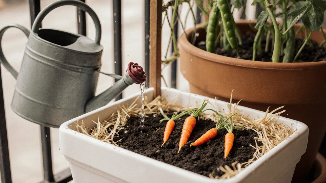 Close‑up of layered pots with carrots, peas on a trellis, and a watering can.