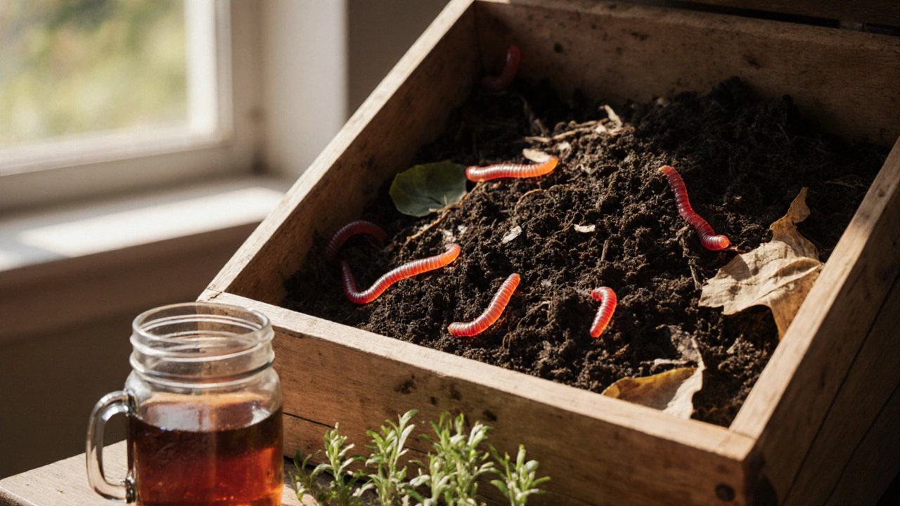 Close-up view of a compost bin with layered organic matter, red worms, and a jar of compost tea.