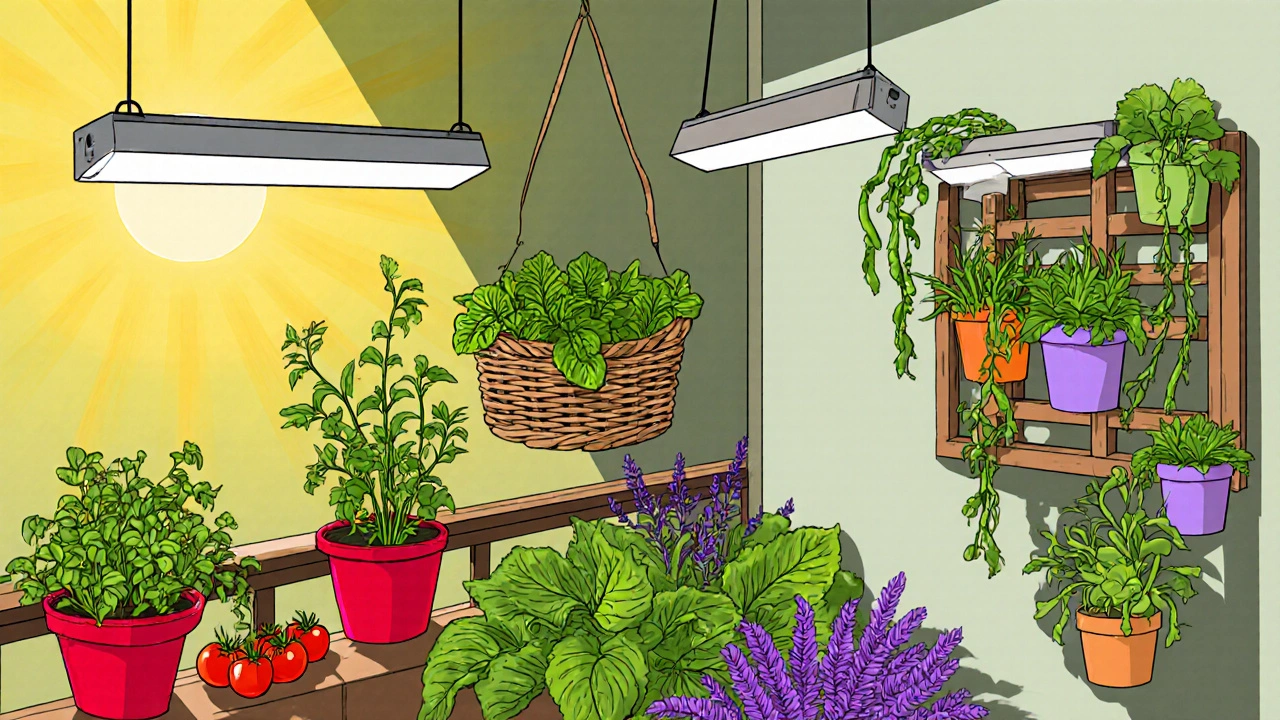 Colorful balcony displaying sun‑loving and shade plants, vertical planters, trellis, and LED grow lights.