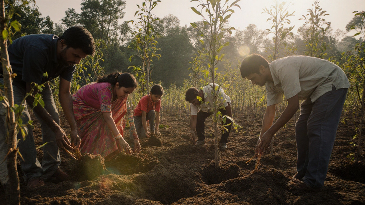 Community volunteers planting sandalwood saplings in a bright Indian nursery.