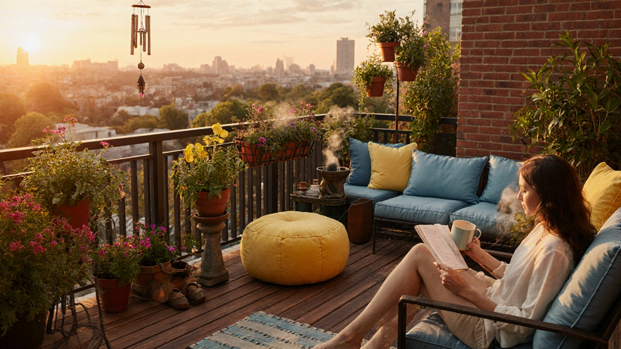 Cozy finished balcony garden with decking, cushions, pots, and a person relaxing.