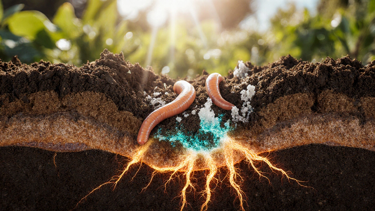 Cross‑section showing earthworms and microbes in enriched soil.