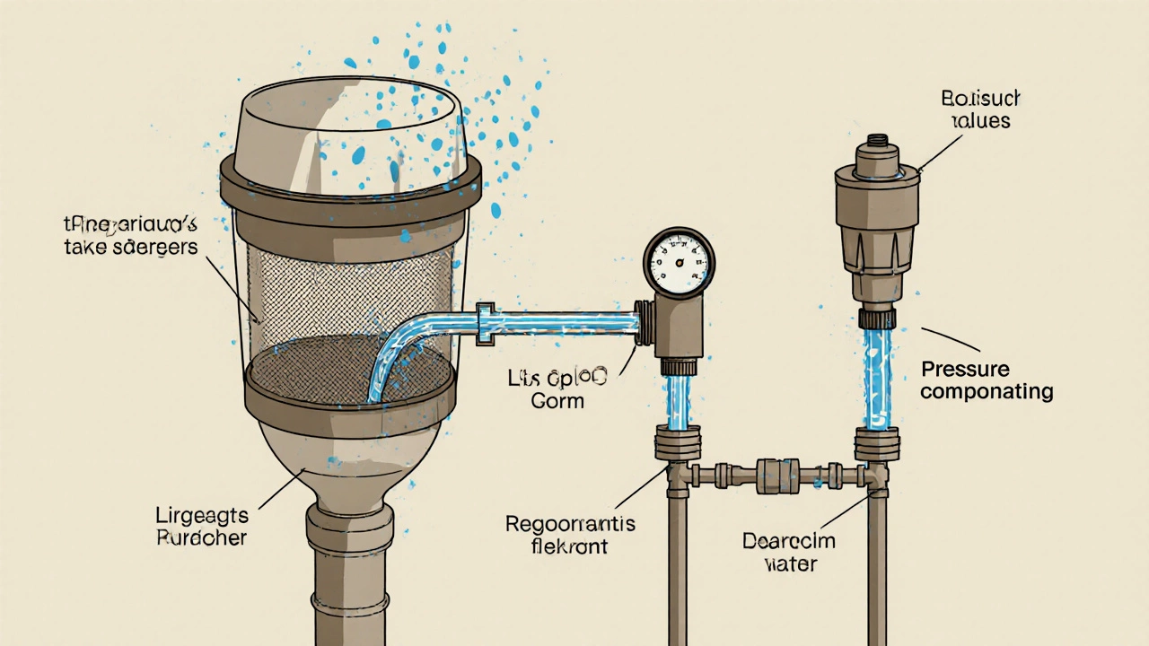 Cutaway illustration of a drip system with filter, pressure regulator, dripper, and pressure‑compensating emitter.