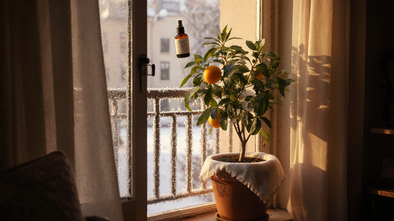 Digital art of a dwarf citrus tree protected indoors during winter with neem oil spray.