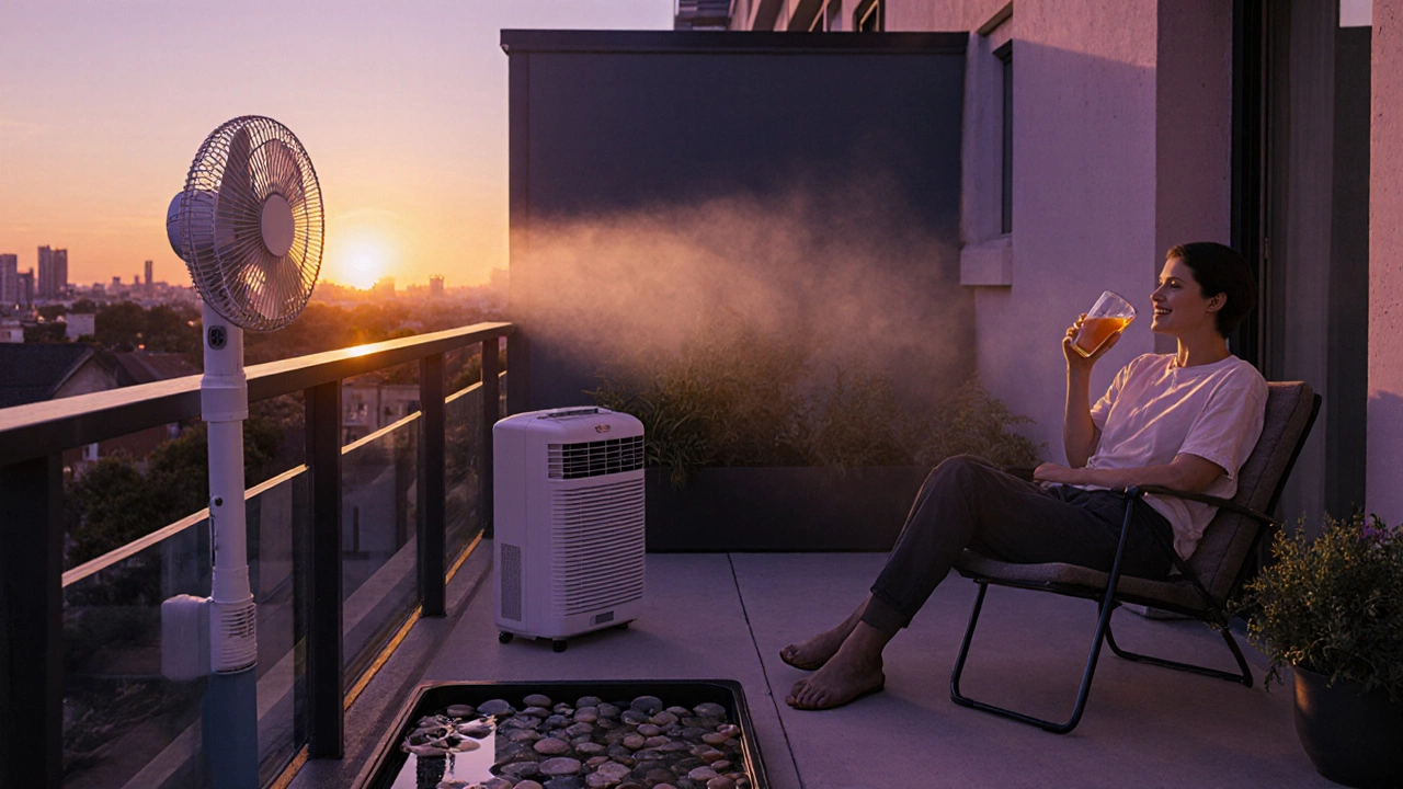 Evening balcony with solar fan, misting system, portable AC, water trays, and a relaxed person enjoying the cool breeze.