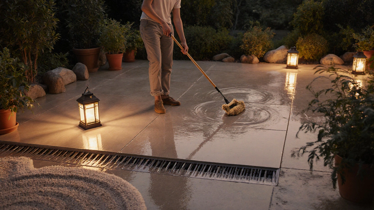 Evening scene of a sealed terrace slab being cleaned with heating cables.