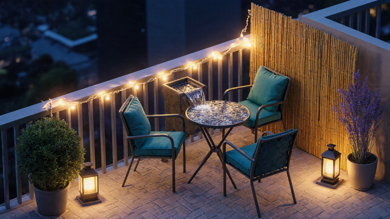 Evening terrace with bistro set, string lights, water feature, and decorative tiles.