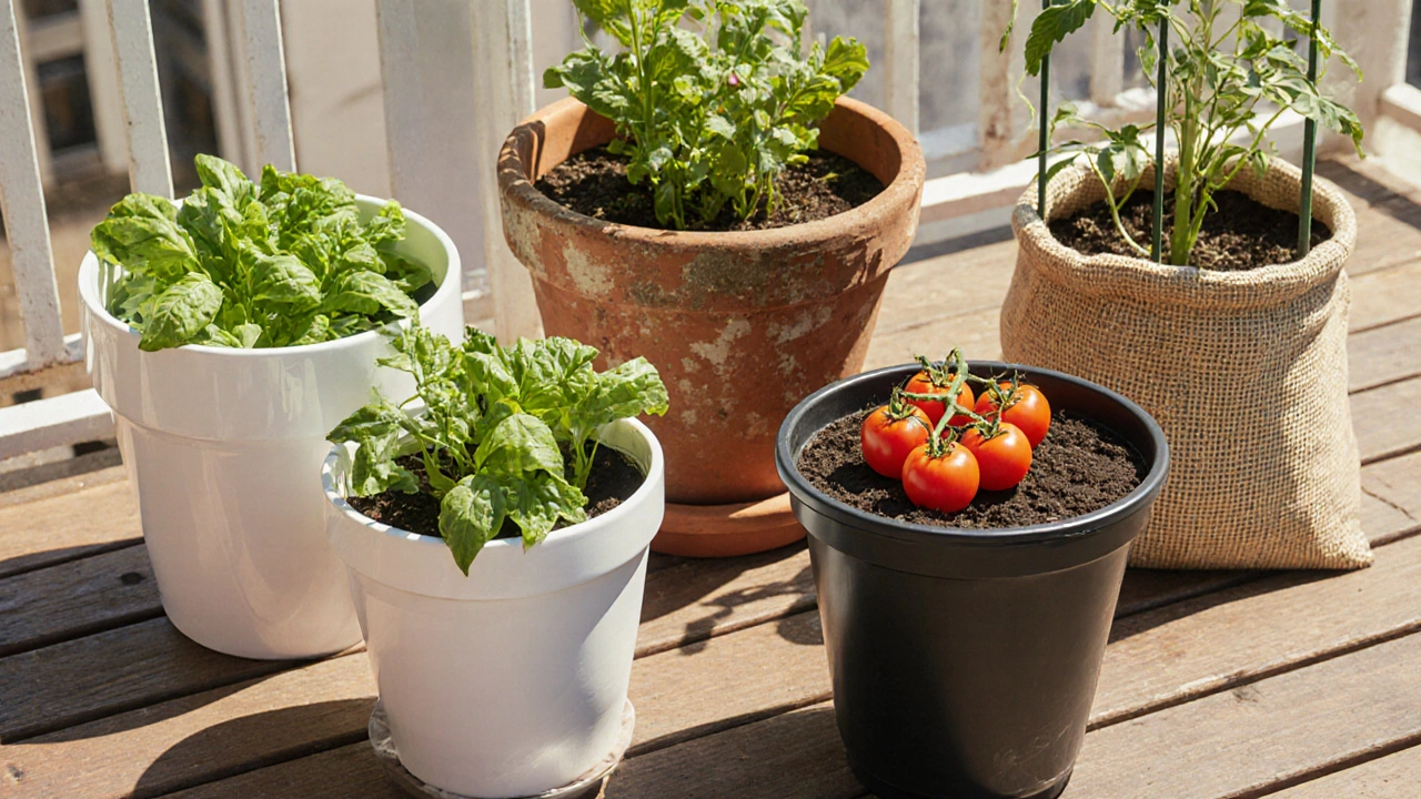 Four different balcony containers filled with vegetables displayed on a wooden floor.