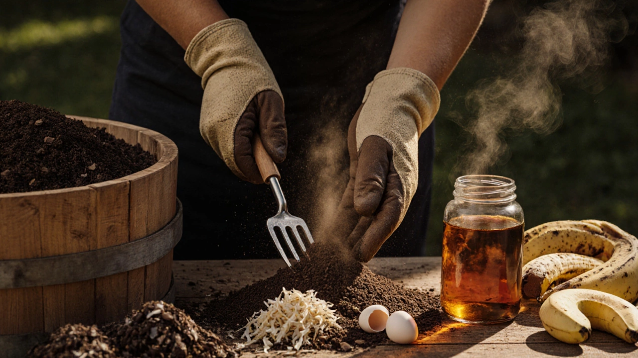 Garden compost station with coffee grounds, eggshells, banana peels, and fish emulsion being mixed.