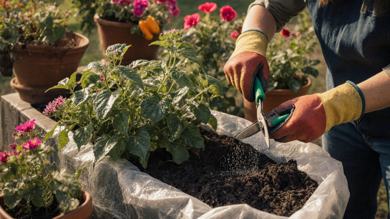 Gardener&#039;s hands pruning, fertilising, mulching plants in a mixed‑sun garden.
