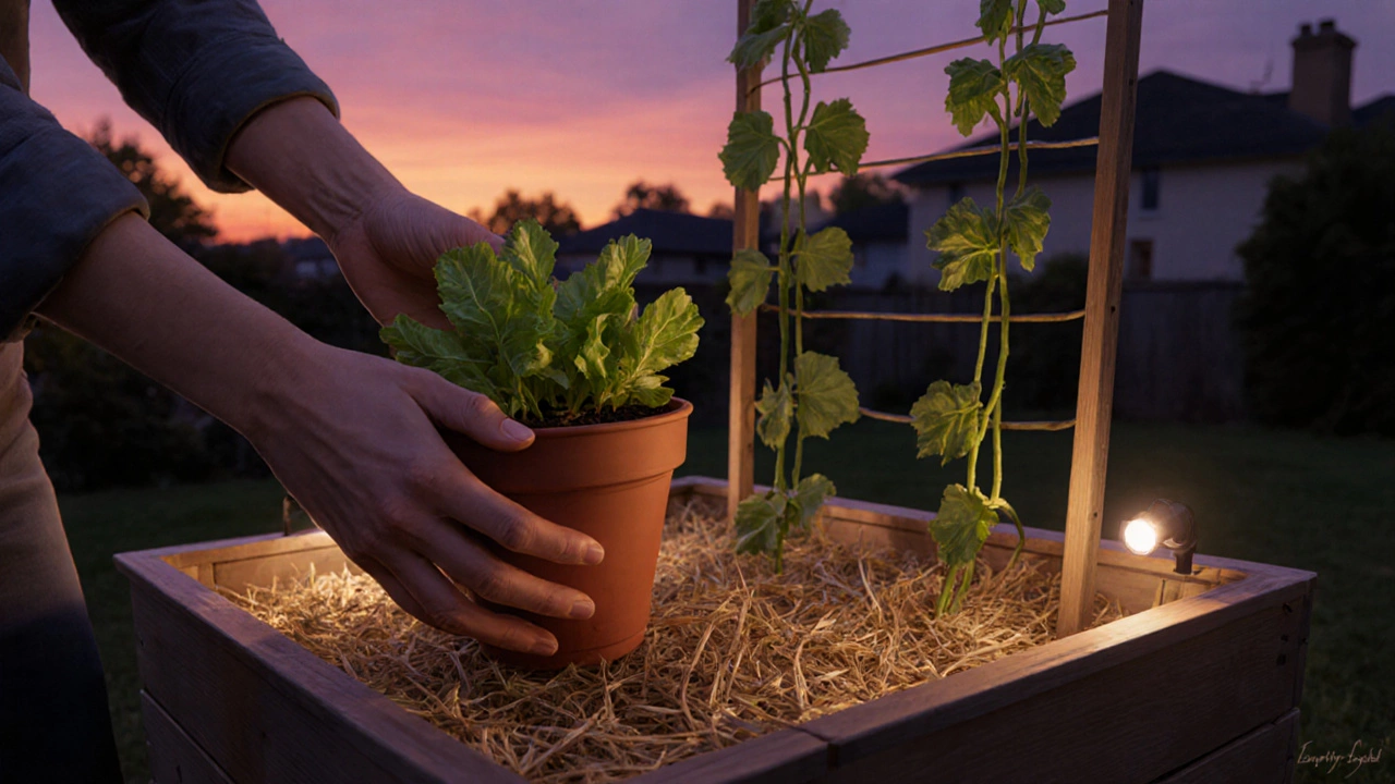 Gardener moving a balcony pot to a raised garden bed, seedlings being transplanted.