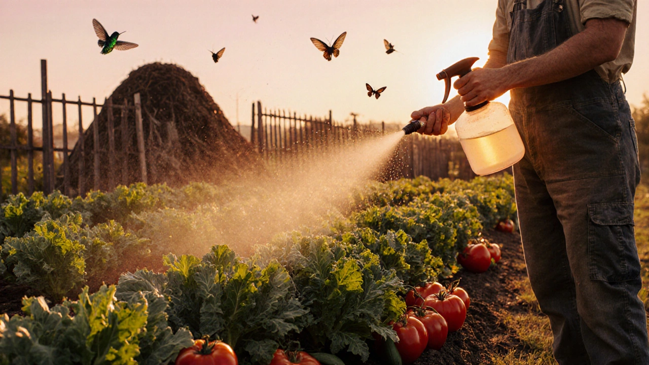 Gardener spraying fish emulsion over lush vegetable rows at sunset, surrounded by thriving plants.