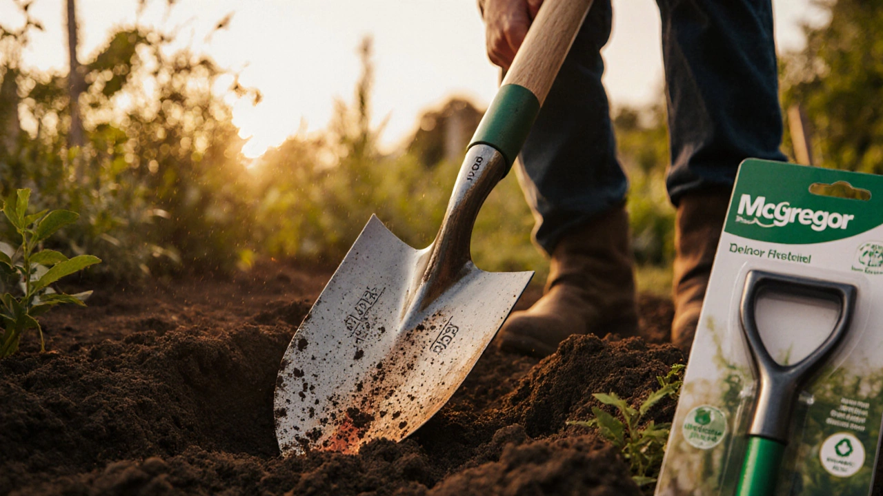 Gardener using a forged McGregor spade, close-up of logo and serial number.