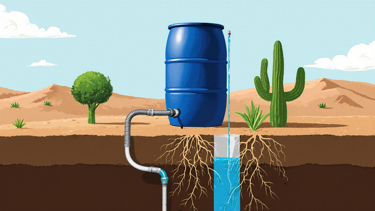 Hidden subsurface irrigation system delivering water directly to plant roots underground.