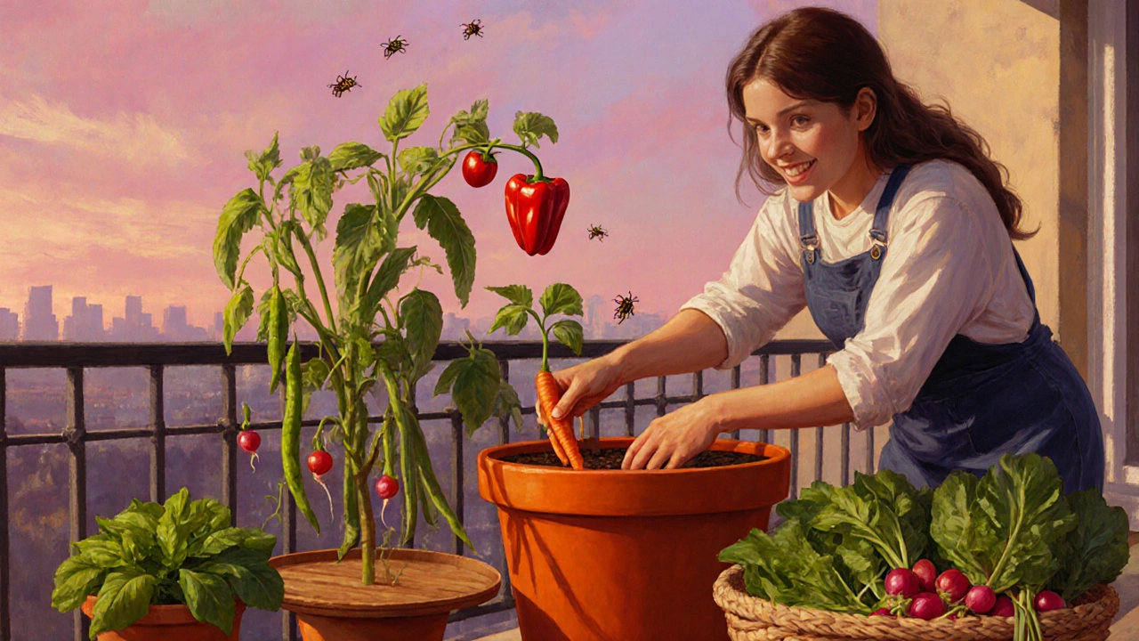 Impressionistic balcony harvest with carrots, peppers, beans on trellis, and companion basil‑tomato.