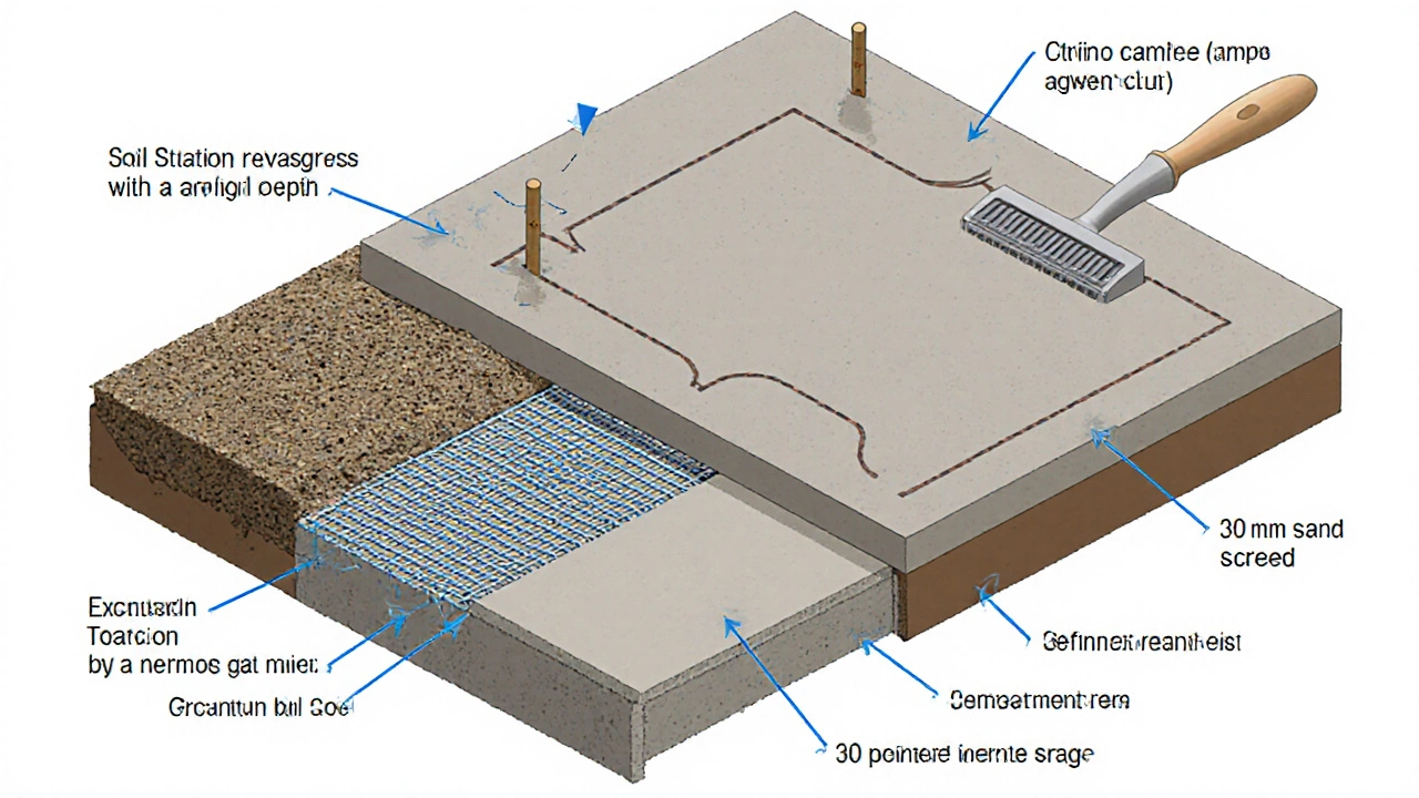 Isometric diagram illustrating excavation, sub‑base, mesh, and concrete pour.