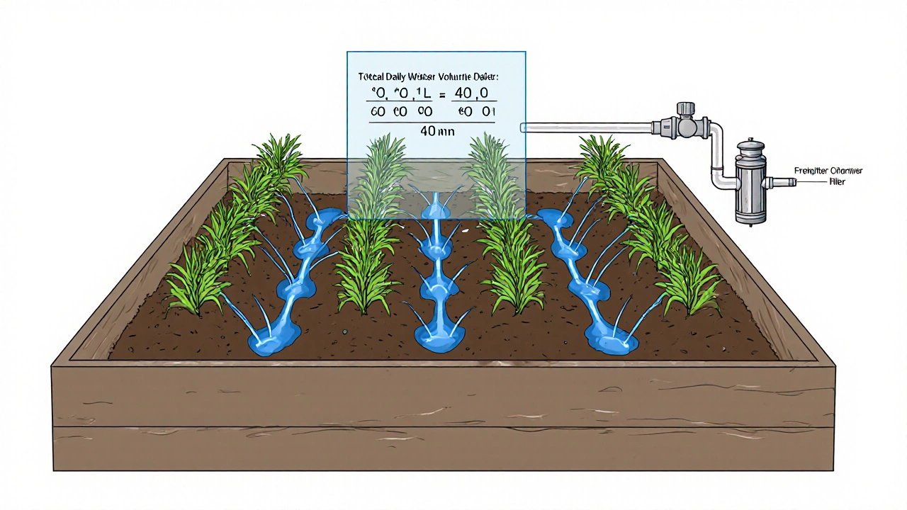 Raised tomato bed with a grid of emitters illustrating water flow and volume calculation.