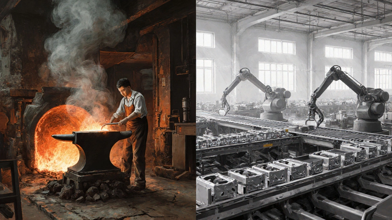Split view of a UK forge and a Chinese factory producing garden tools.
