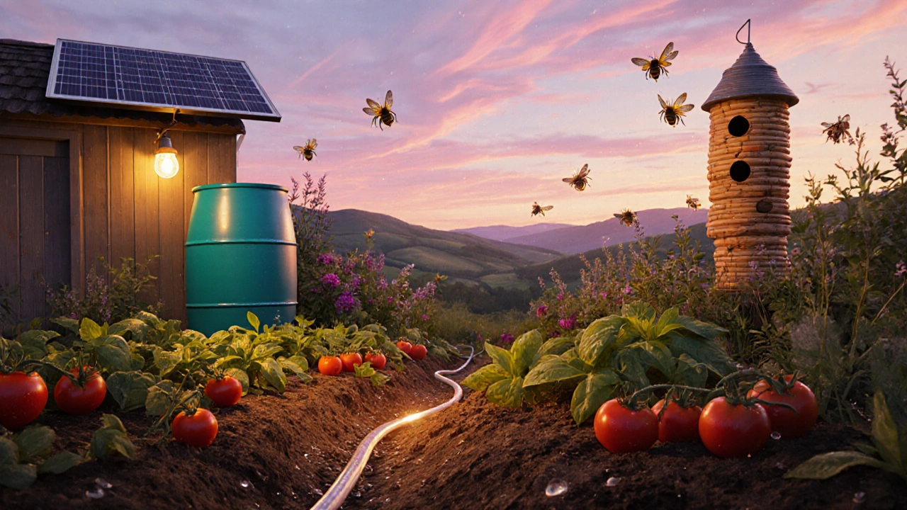 Sunset garden scene with drip irrigation, solar lights, rain barrel, bee hotel, and blooming plants.