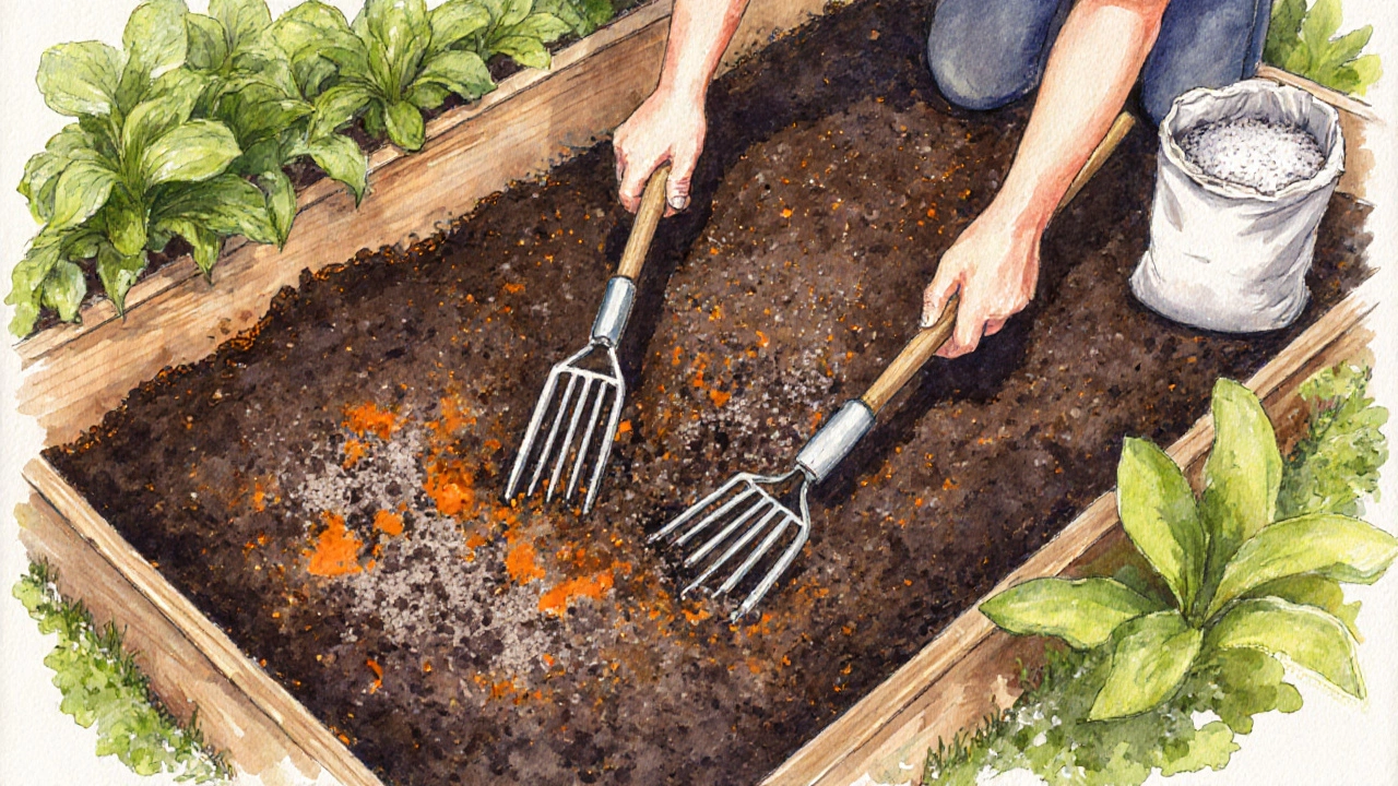 Top‑down watercolor of compost, biochar, and sand being spread.