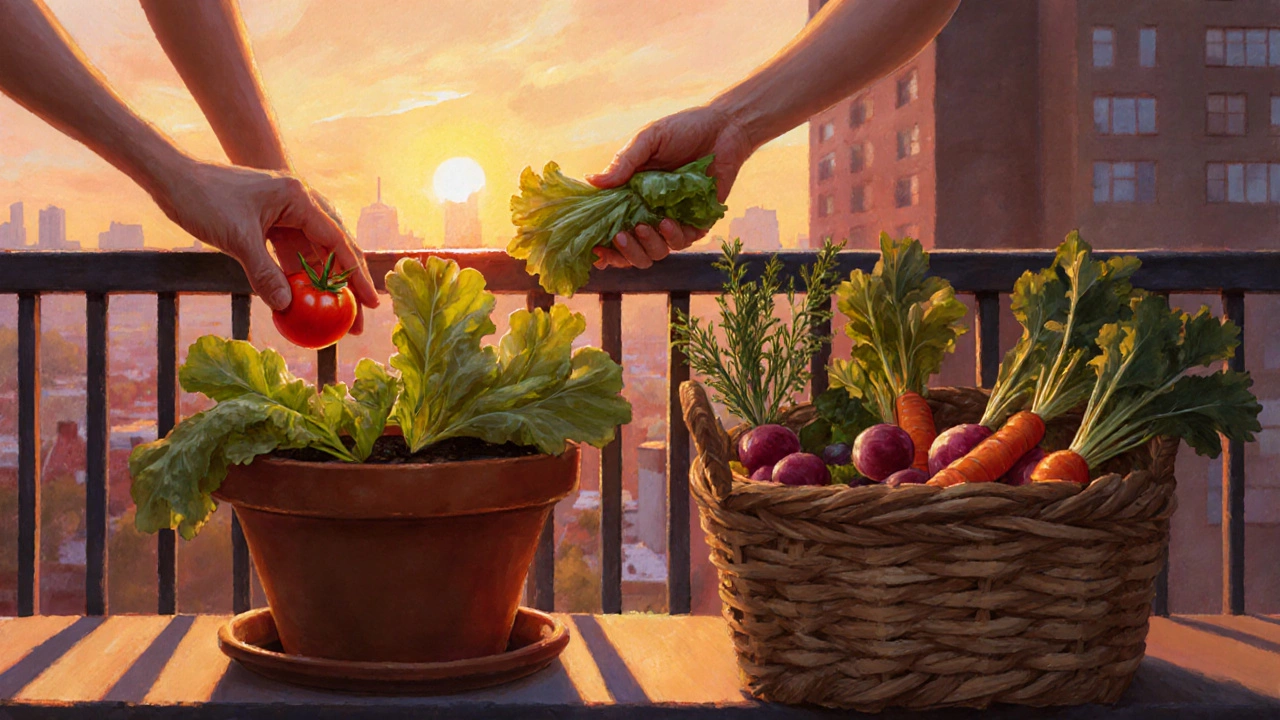 Twilight balcony scene showing hands harvesting tomatoes, lettuce, and radishes into a basket.