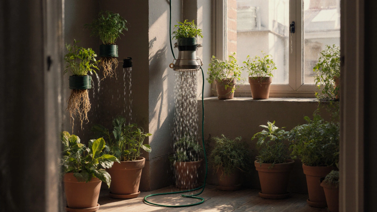 Urban balcony with rain barrel, hydroponic herbs, and soaker hose for water-efficient gardening.