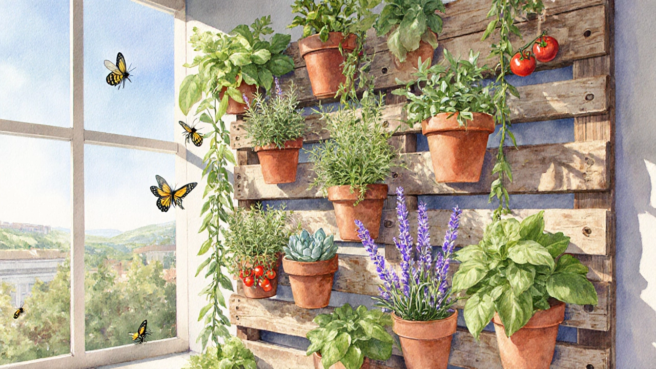 Vertical garden on a terrace wall with herbs, tomatoes, lavender, and buzzing bees.