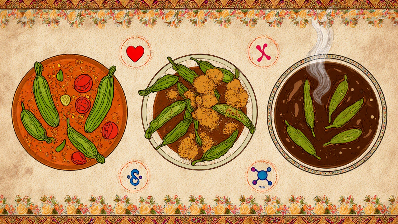 Vintage illustration of bhindi masala, pakora, and sambar with health icons in the background.