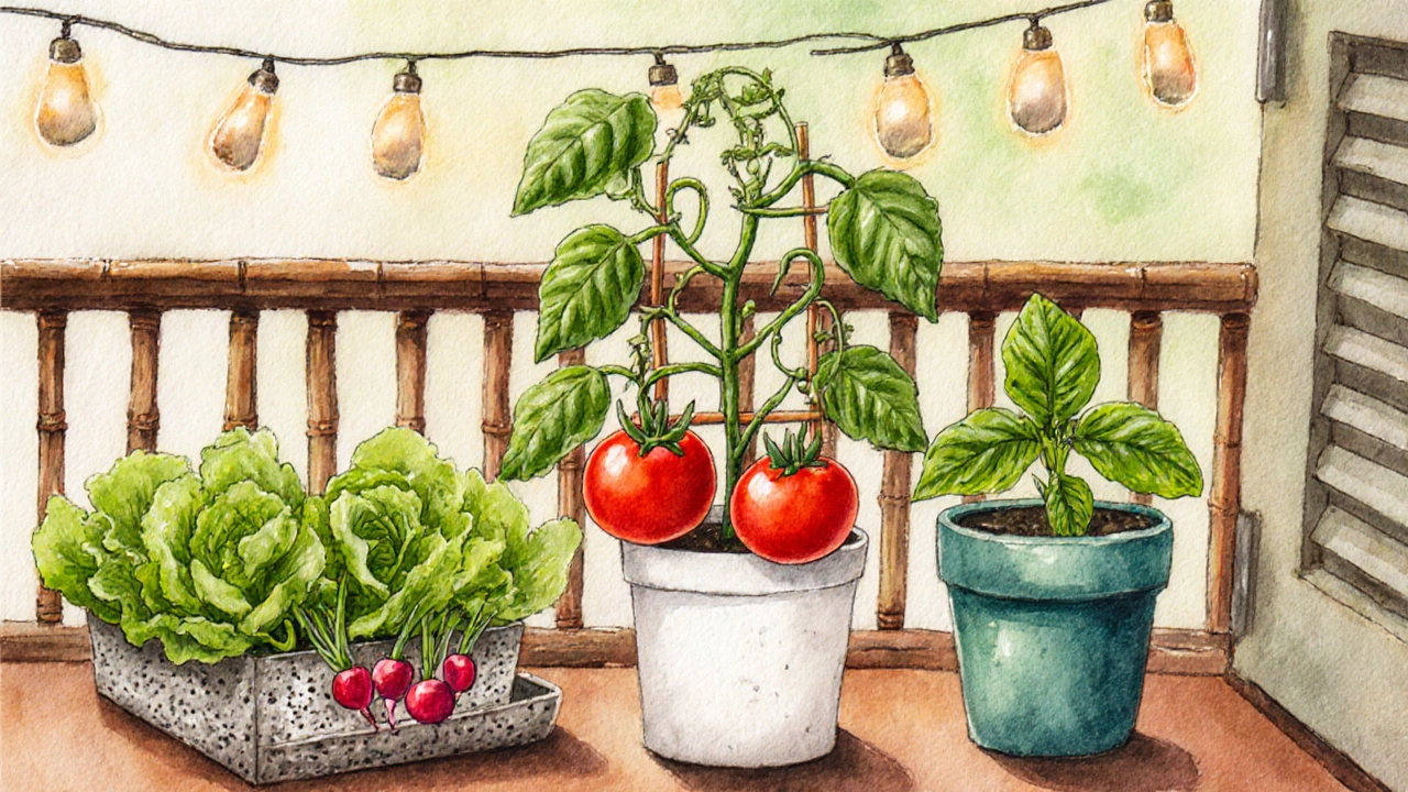 Watercolor balcony garden showing dwarf tomato, lettuce tray, radishes, and basil in colorful pots.