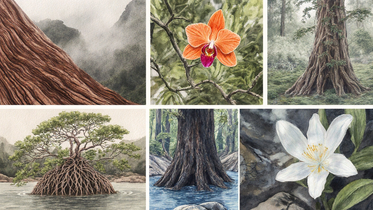 Watercolor collage of seven endangered Indian plants in their habitats.