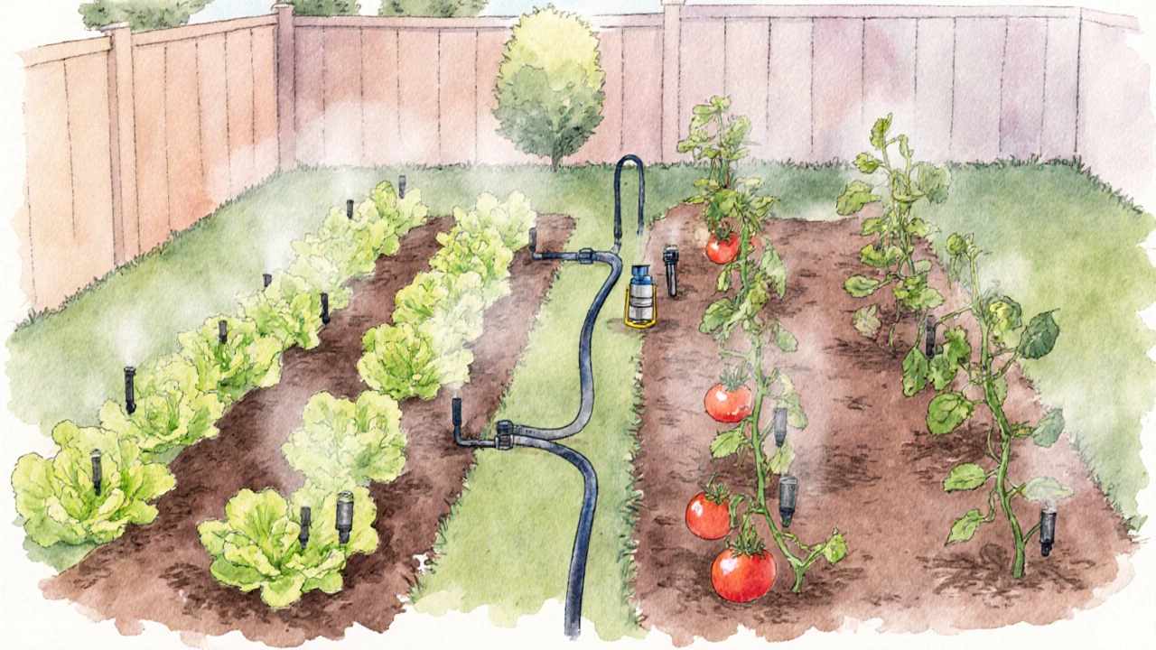 Watercolor garden showing two zones with different emitters, mainline, regulator, and filter.