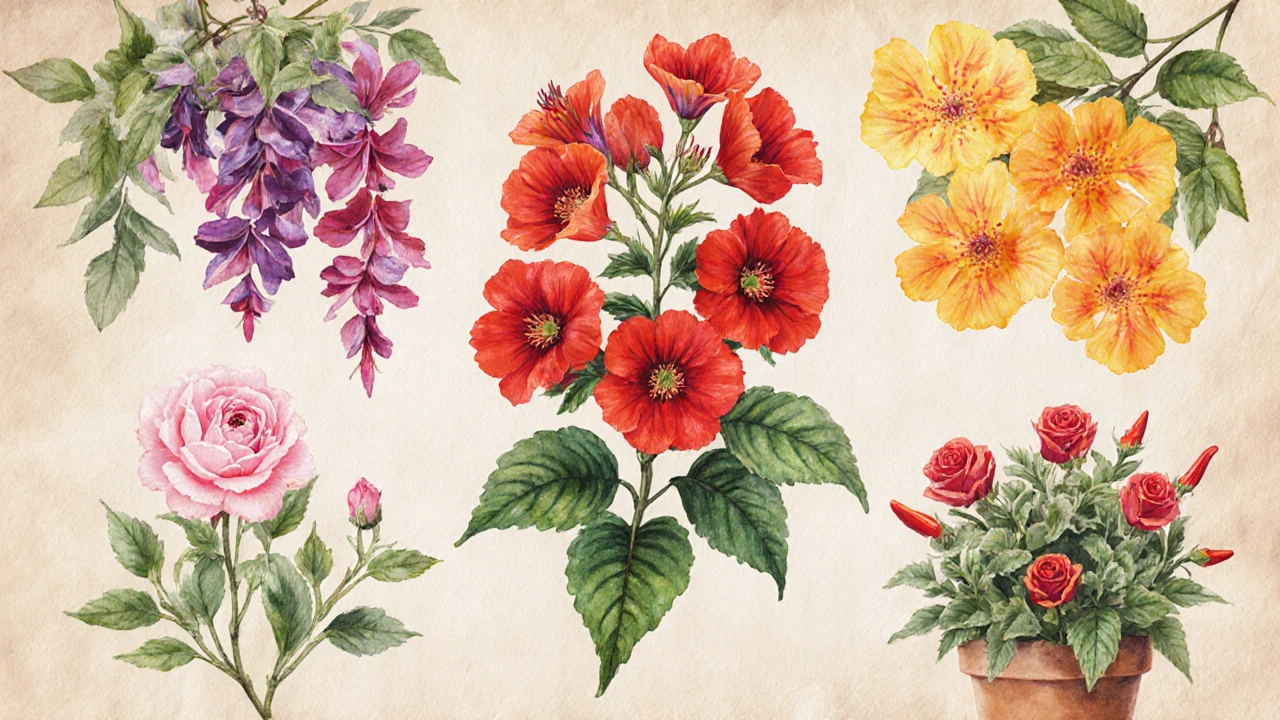 Watercolor illustration of geranium, bougainvillea, Lantana, impatiens, fuchsia, pepper, rose, hydrangea.