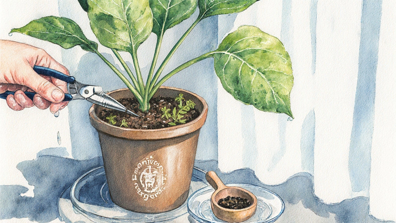 Watercolor of a Ficus benjamina on a balcony with pruning and watering details.