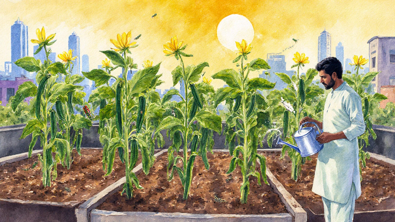 Watercolor rooftop garden with tall okra plants, yellow flowers, and a farmer watering them.