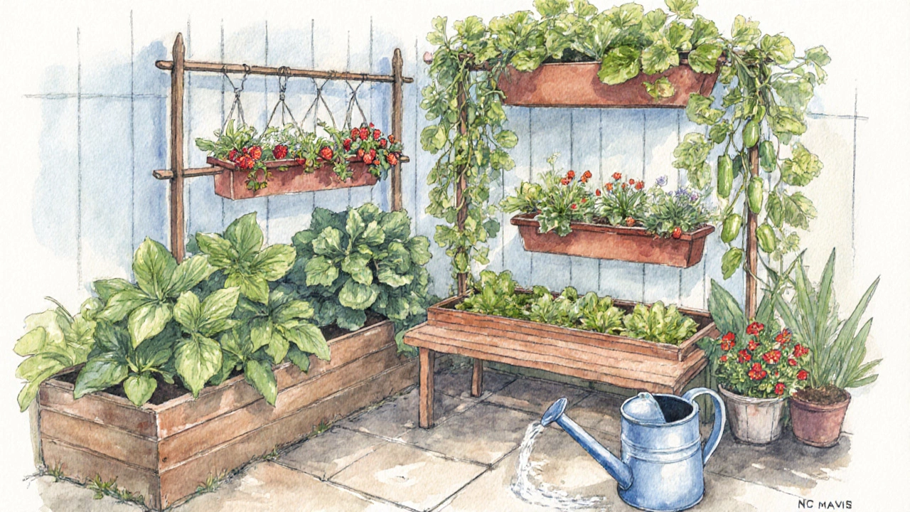 Watercolor-style layered patio garden with raised beds, vertical planters, and climbing vines in soft greens and earth tones.