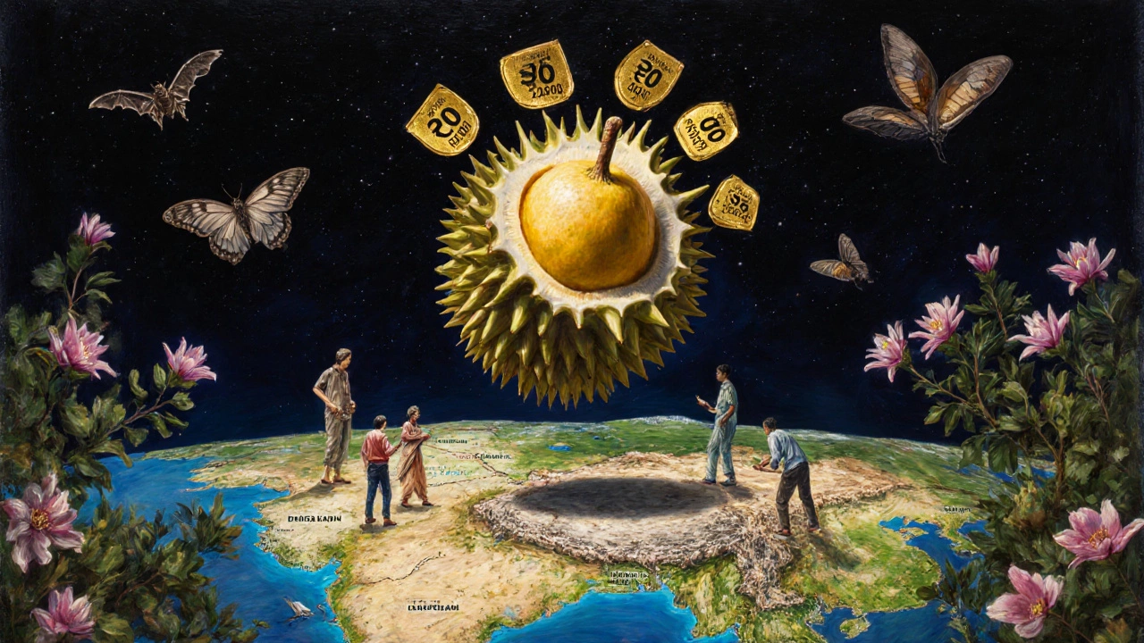 A durian fruit floating above southern India with price tags and farmers tending trees below.