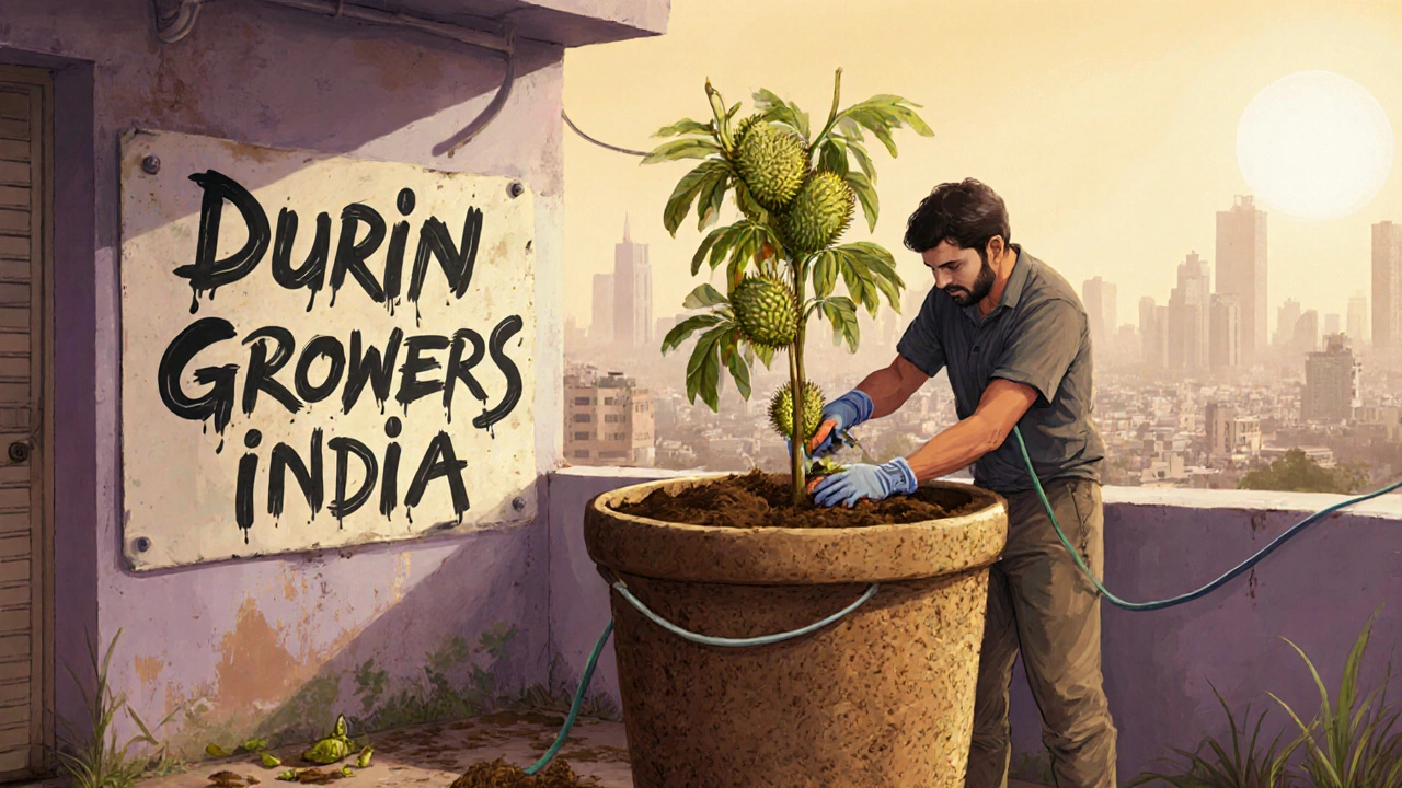 A gardener transplanting a durian sapling in a large container on a balcony with drip irrigation.