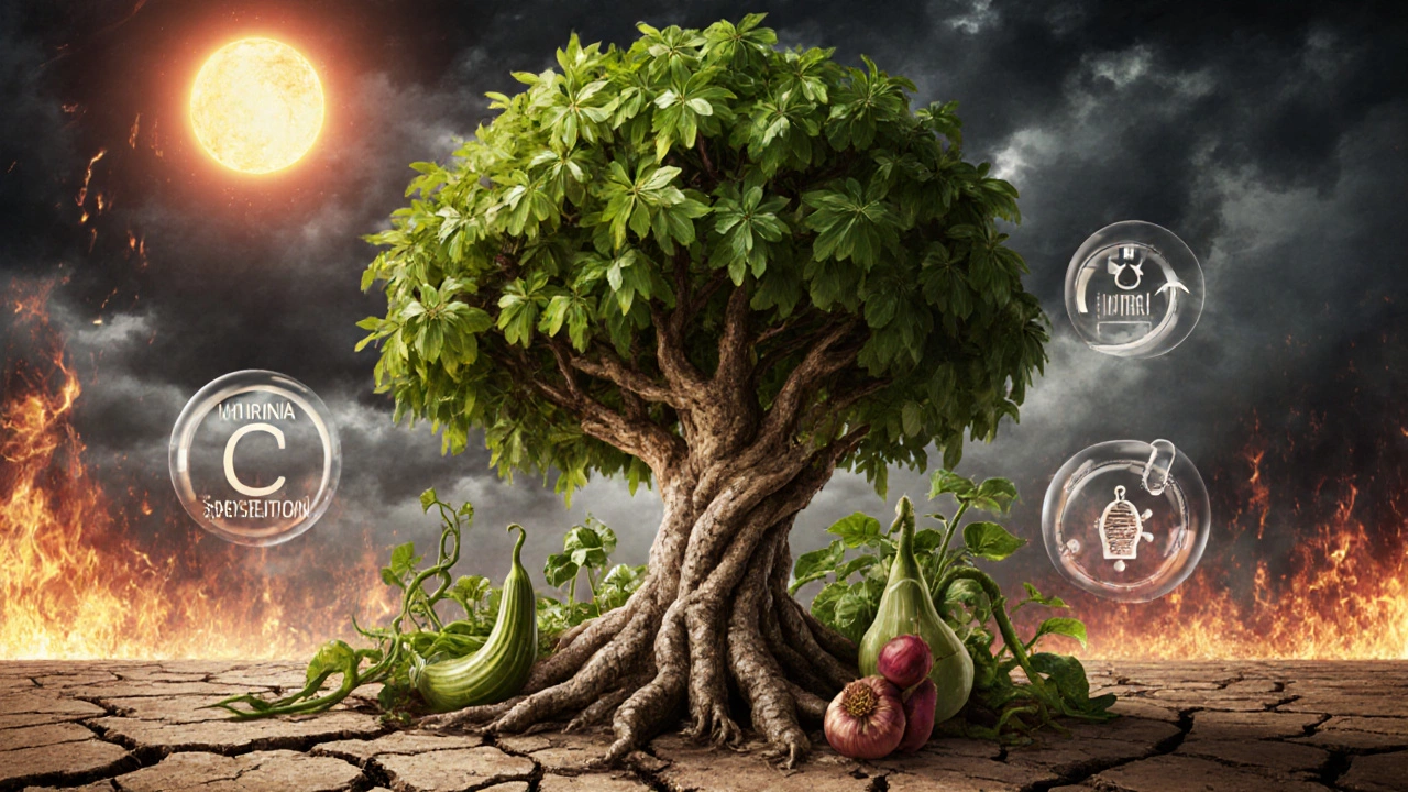 A moringa tree thriving in dry soil with native vegetables around it, surrounded by floating icons of nutrients, symbolizing climate resilience.