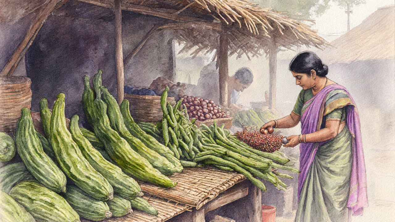 A village market stall piled high with native Indian vegetables: bitter gourds, snake gourds, drumstick pods, and amla berries on woven mats.