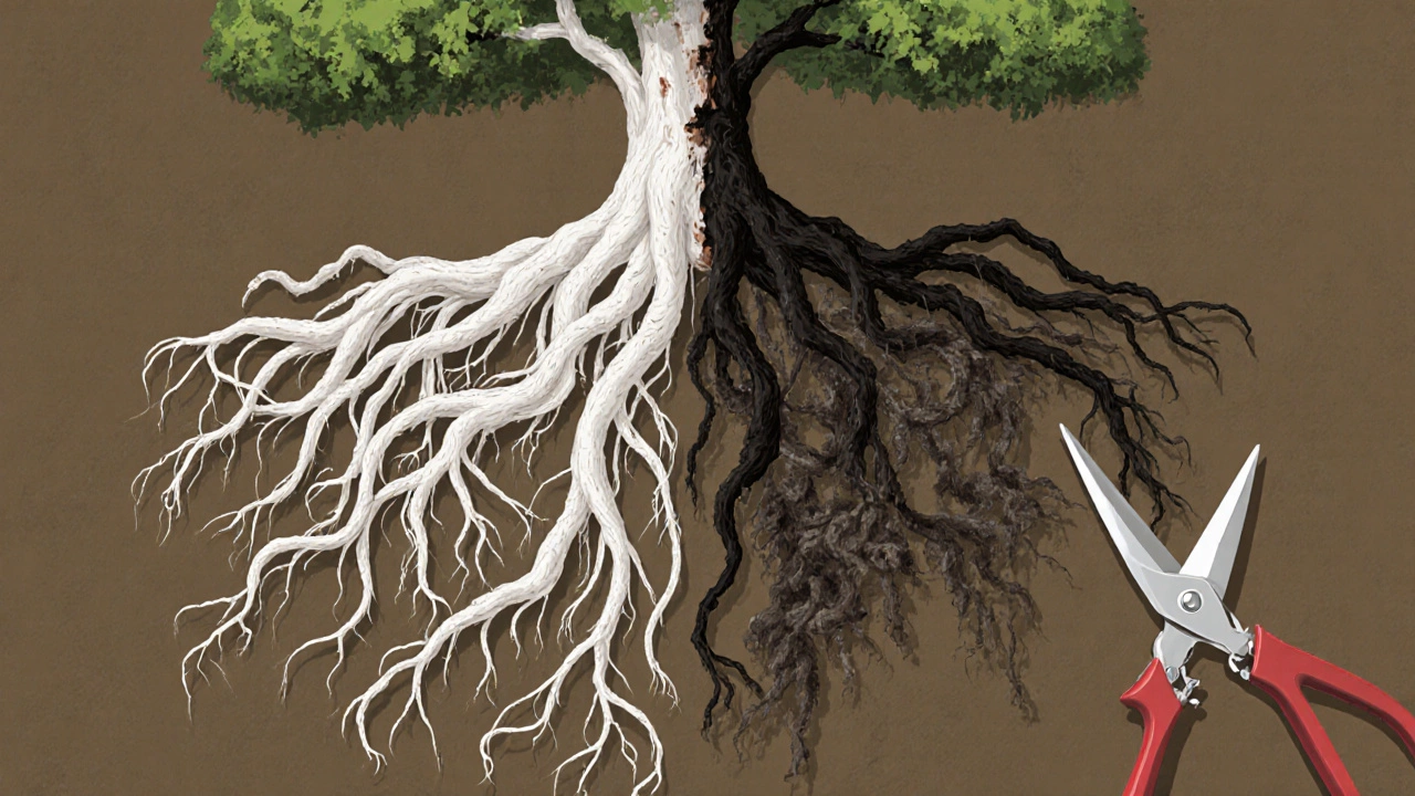 Contrast of healthy white roots and rotting black roots in a bonsai root system.