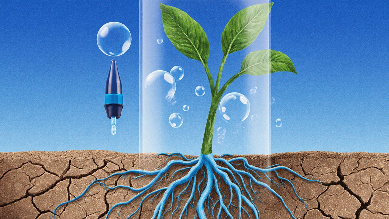 Deep plant roots reaching downward in dry soil while surface stays dry, with a single drip droplet.
