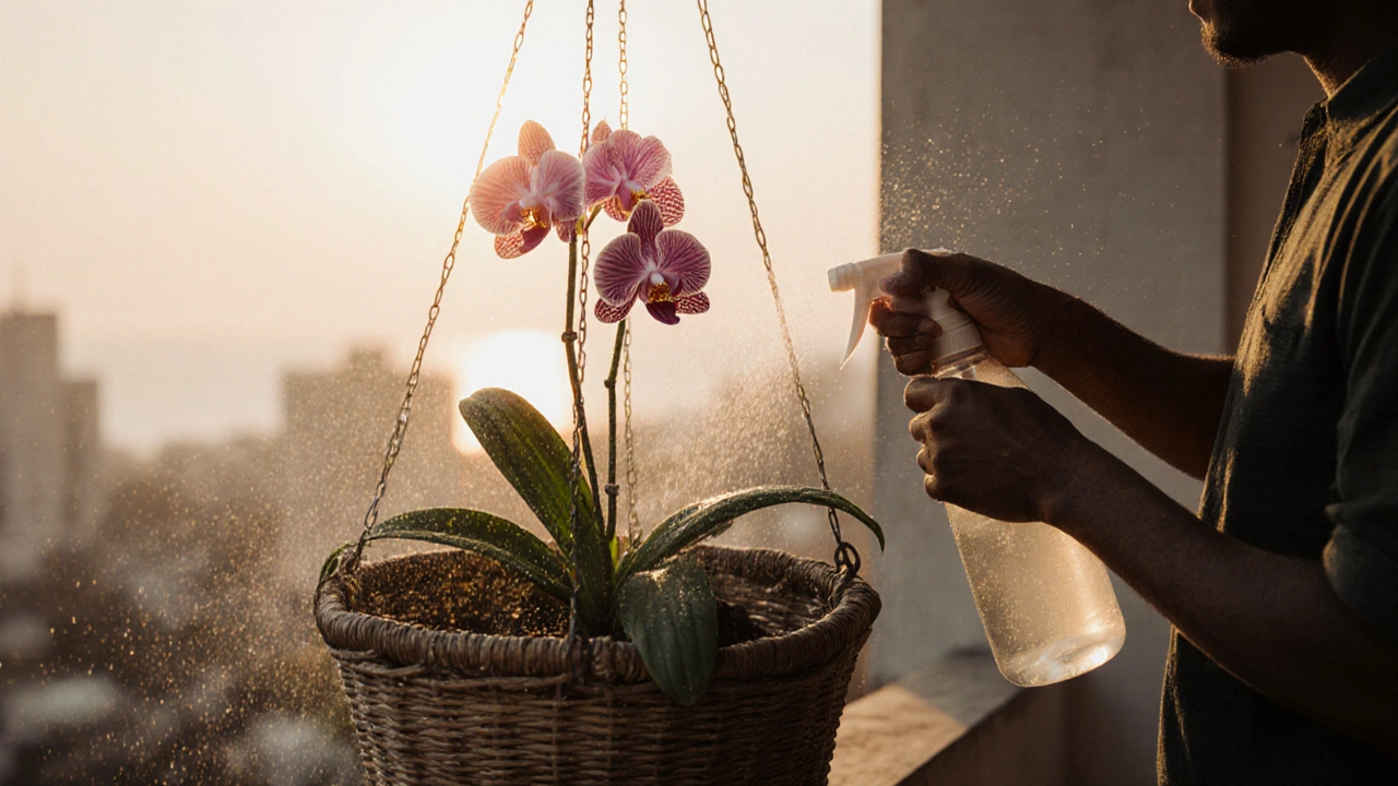 Hands misting a Vanda orchid on a balcony at dawn, with humid air and dappled light from nearby trees.