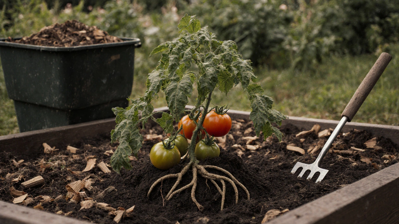 Healthy tomato plant with deep roots growing in loose, mulch-covered soil in a raised bed.