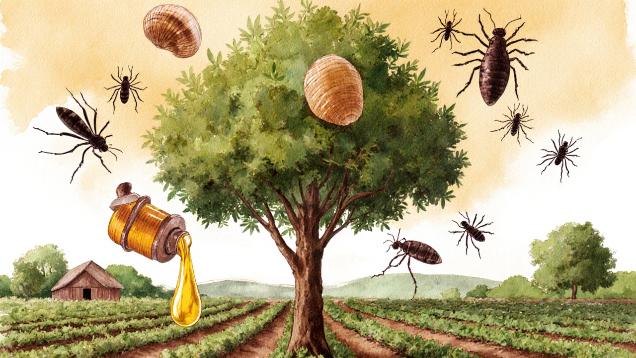 Neem tree being pressed into oil with abstract representations of pest disruption.