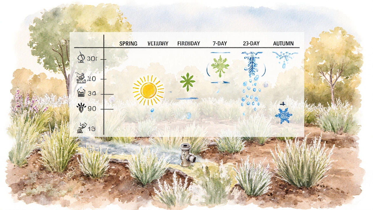 Seasonal garden calendar showing drip irrigation frequency changes from spring to winter.